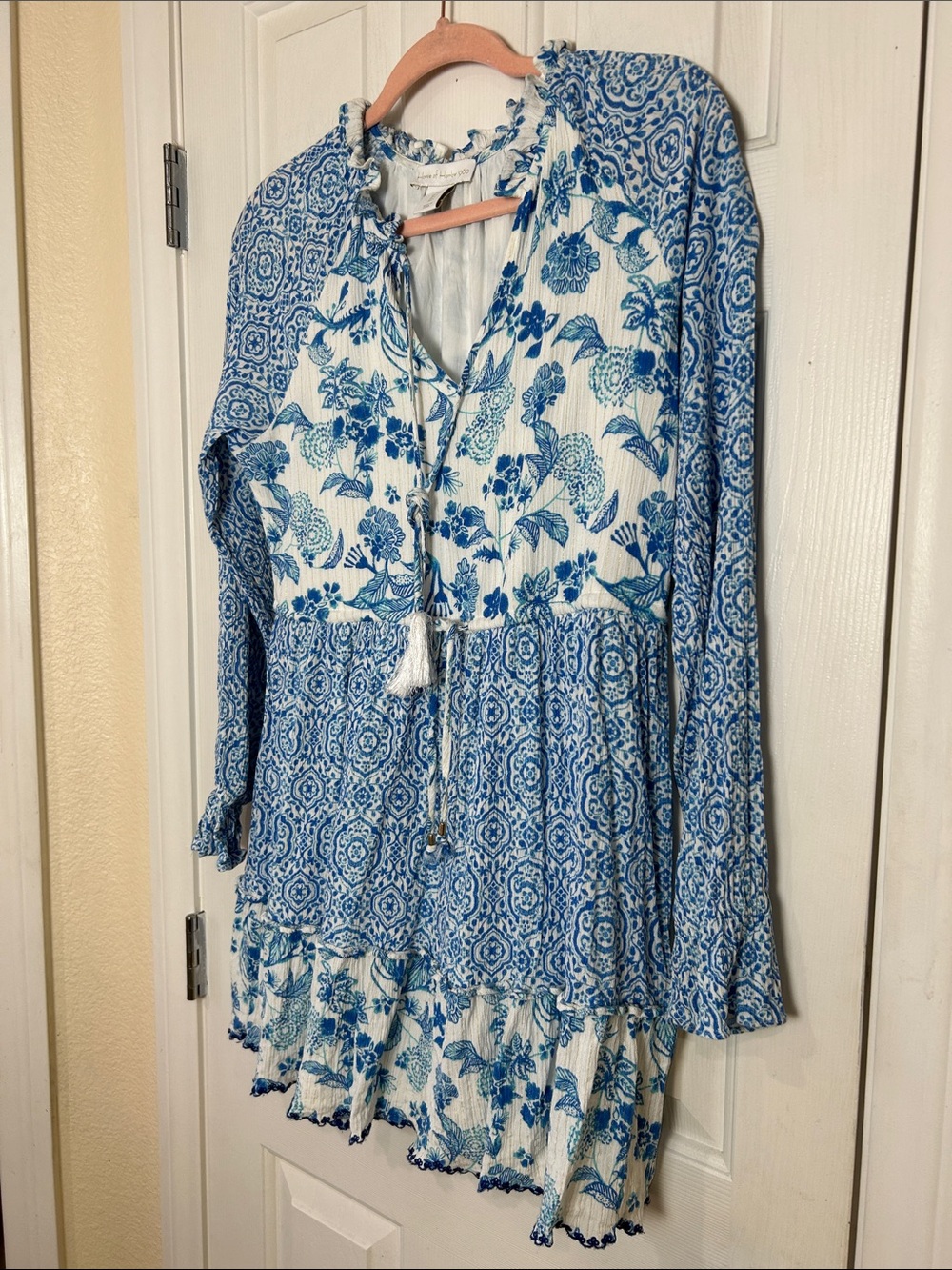 House of Harlow 1960 Blue White Boho Floral Tassel Mini Dress - Picture 4 of 8